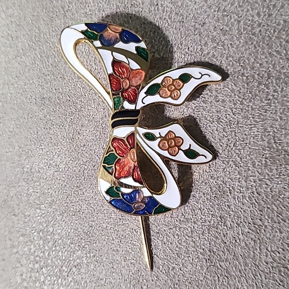 Vintage 1980's Gold Tone Cloisonne Bow Brooch Floral Enamel - Picture 7 of 11